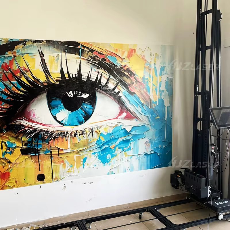Large-format eye mural printed directly onto wall using robotic wall printer