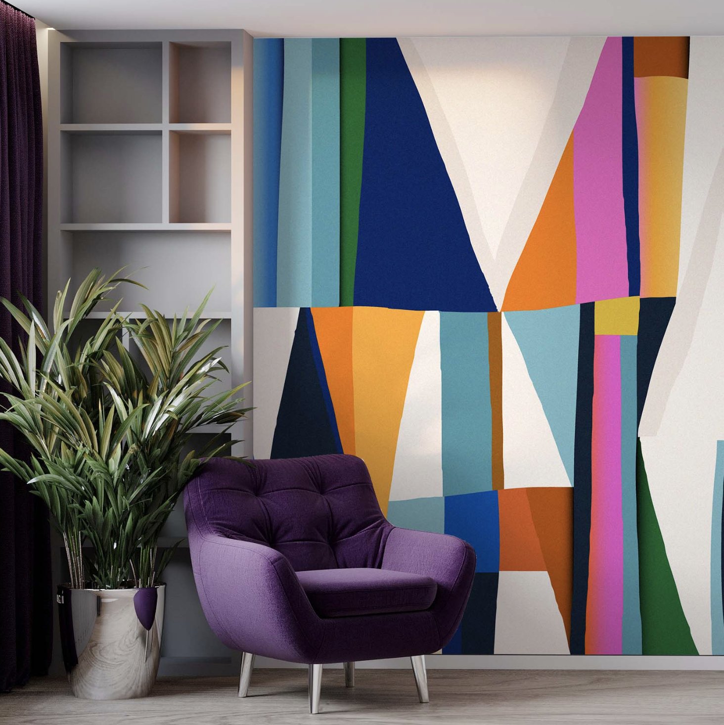 Bold geometric colourful mural on a living room feature wall