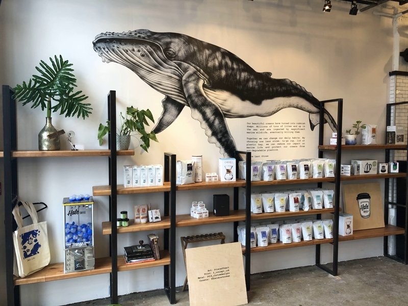 Humpback whale mural printed in a retail coffee shop